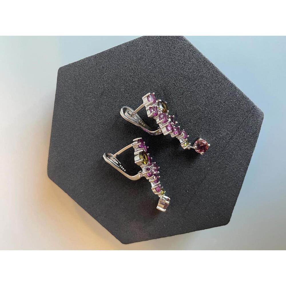 SOLD 925 Sterling Silver Earrings Round Tourmaline Rhodolite Garnet Gemstone - Picture 4 of 8